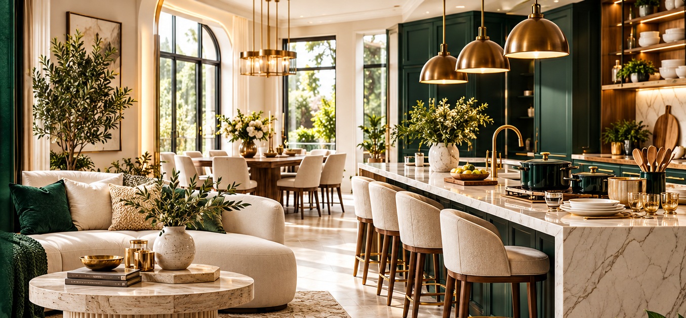 Elegant open-plan living room and kitchen with forest-green cabinetry, marble surfaces, and warm gold lighting